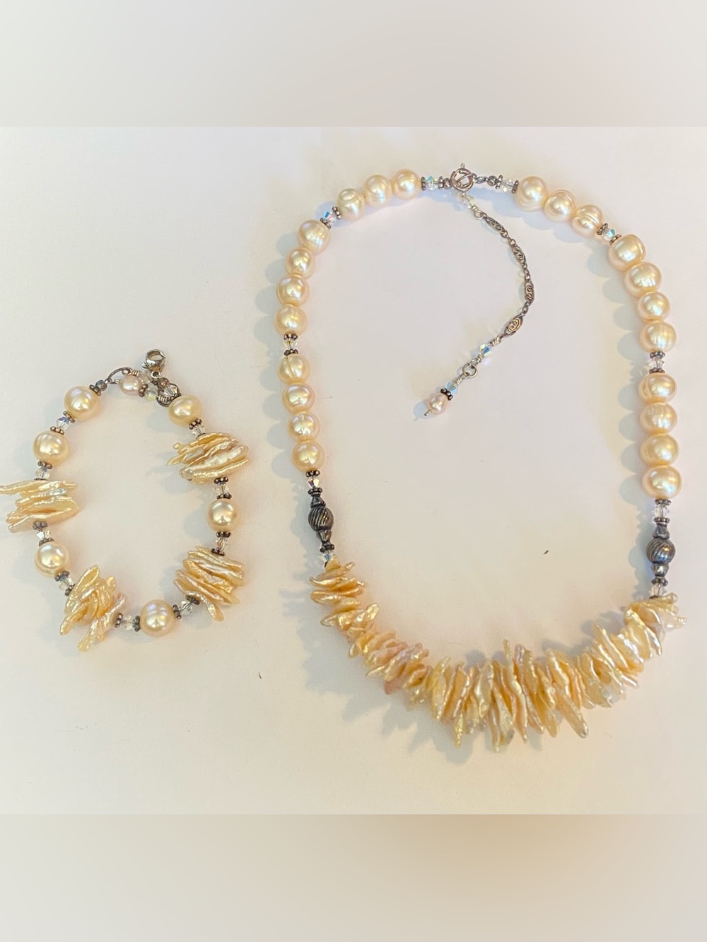 Vintage Sterling Freshwater Pearl And Biwa Pearl Necklace Bracelet Set